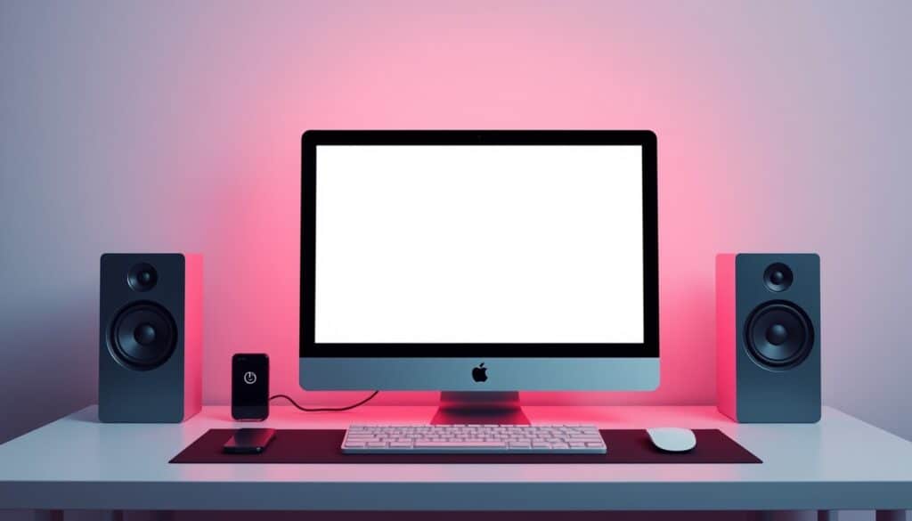 Computer auf Schreibtisch mit Lautsprechern